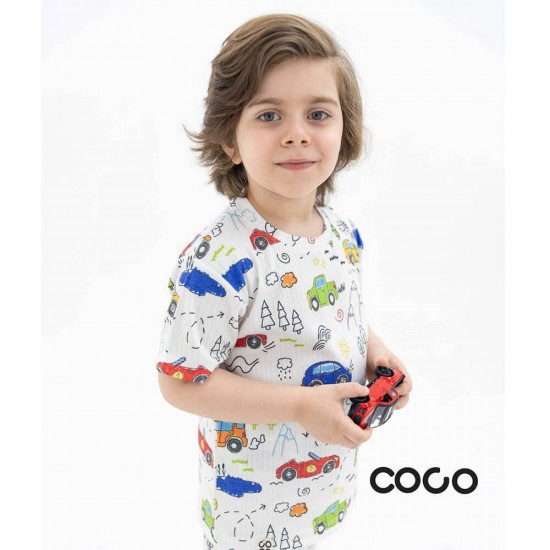 خرید اینترنتی ست لباس راحتی کودک آستین کوتاه کبریتی کُ کُ Coco طرح ترافیک | فروشگاه اینترنتی سیسمونی و اسباب بازی بیبی پرو