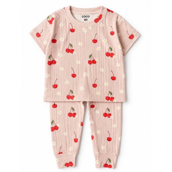 خرید اینترنتی ست لباس راحتی کودک آستین کوتاه کبریتی کُ کُ Coco طرح گیلاس و بابونه | فروشگاه اینترنتی سیسمونی و اسباب بازی بیبی پرو