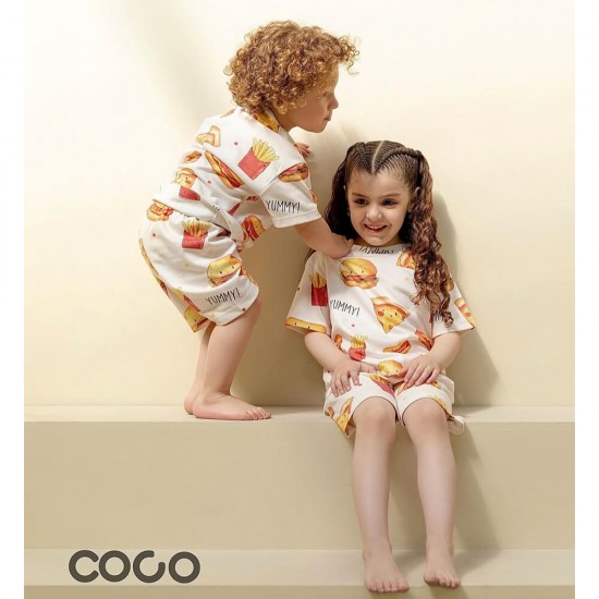 خرید اینترنتی لباس کودک ست تیشرت و شلوارک کُ کُ Coco طرح فست فود | فروشگاه اینترنتی سیسمونی و اسباب بازی بیبی پرو