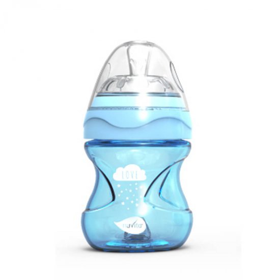 خرید اینترنتی شیشه شیر ضد نفخ 150 میل رنگ آبی کم رنگ نوویتا Nuvita