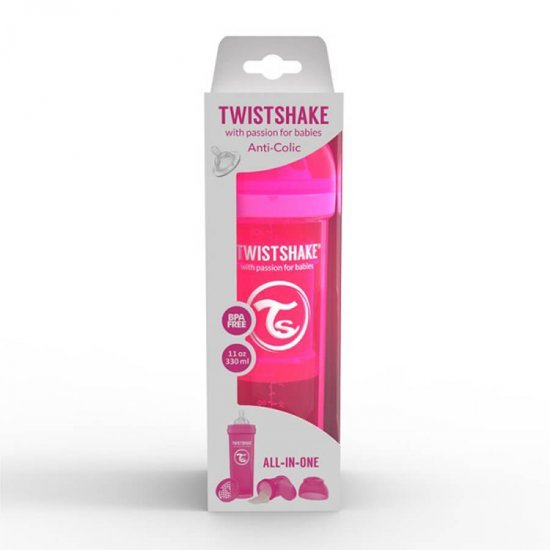 خرید اینترنتی شیشه شیر ضد نفخ  330 میل صورتی تویست  شیک  Twistshake